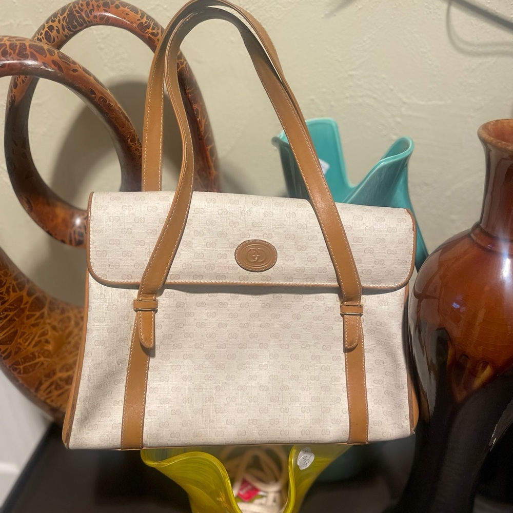 1980S GUCCI BAG GG CANVAS & LEATHER HANDBAG SATCHEL W TOP HANDLES